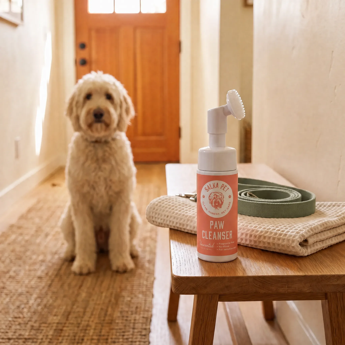SalkaPet rinse-free dog paw cleanser by the entryway after a walk