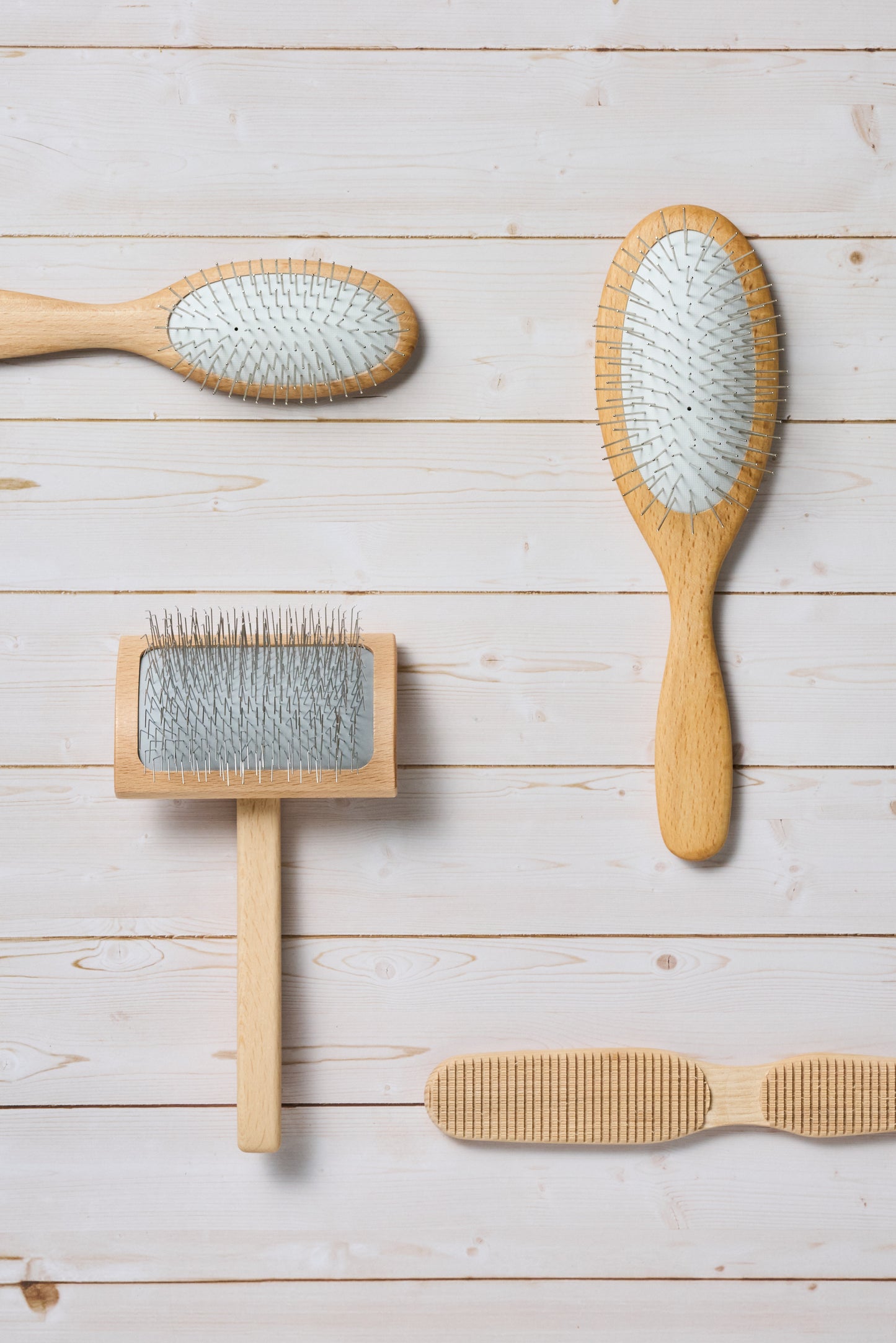 SalkaPet dog brush lineup — Tangle Tamer, slicker brush, Tiny Tamer, and detangling comb compared