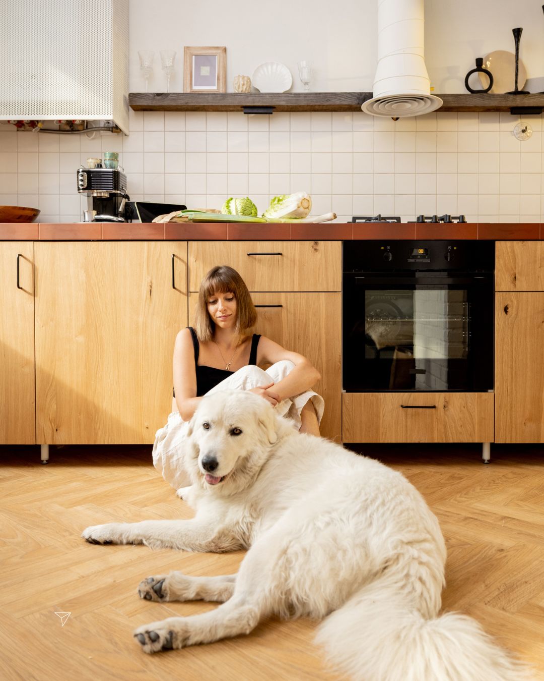 White fluffy dog lying on a wooden kitchen floor beside their owner at home