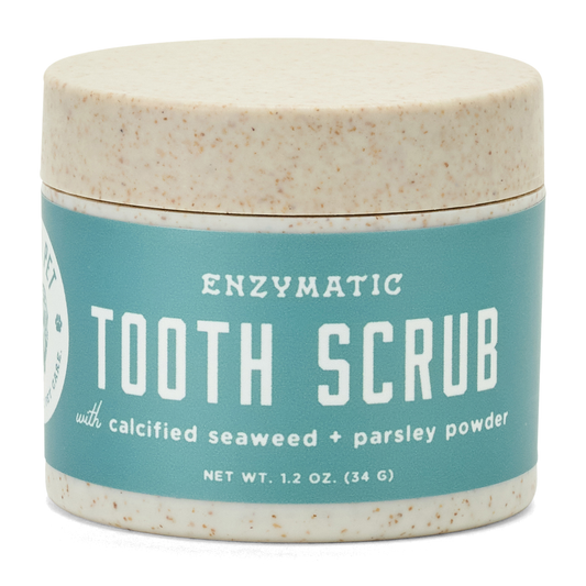 SalkaPet Enzymatic Dog Tooth Scrub 1.2 oz jar, natural dental powder, front label