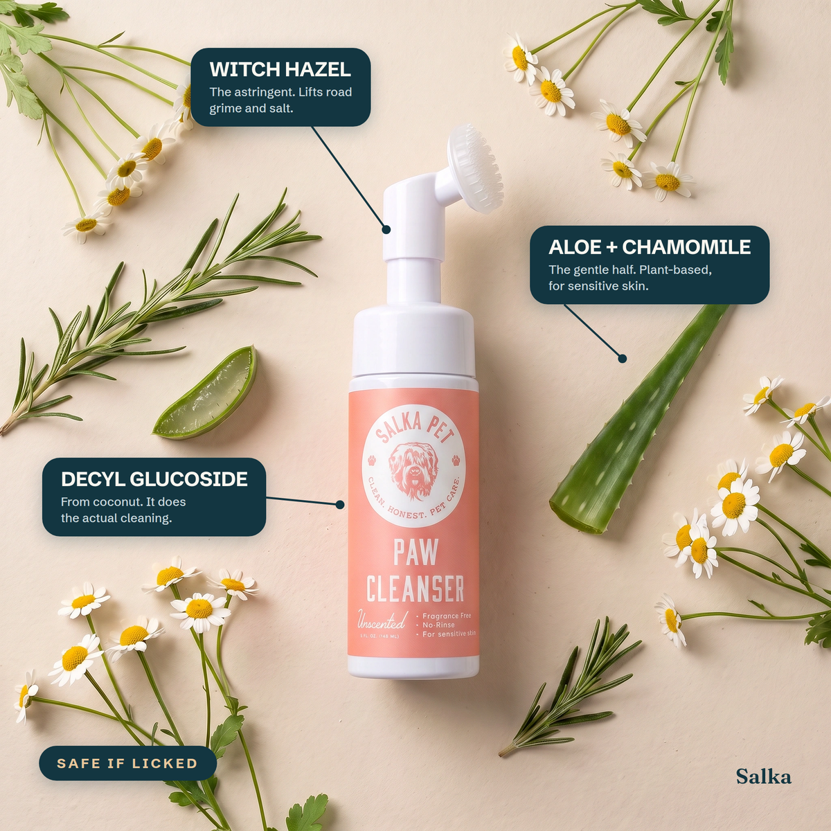 Witch hazel, aloe and chamomile, key ingredients in SalkaPet rinse-free dog paw cleanser