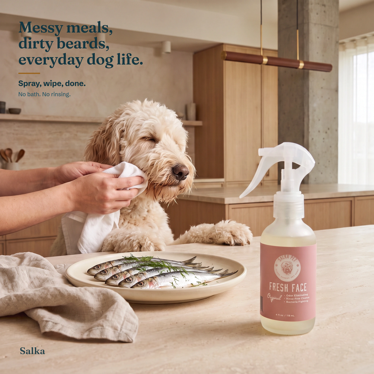 SalkaPet Fresh Face dog cleanser for fishy breath and kitchen messes