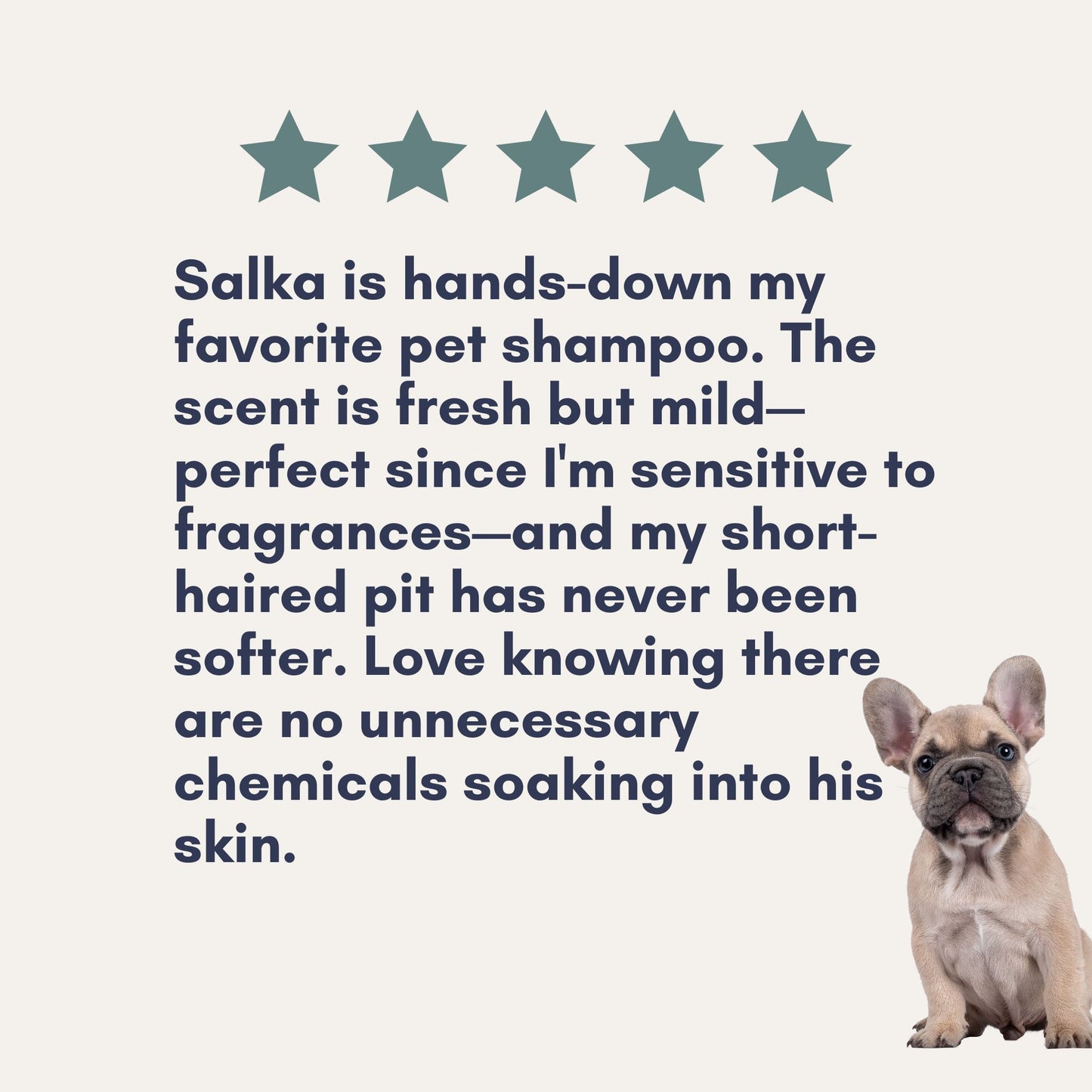 Five-star customer review of SalkaPet moisturizing dog conditioner with a happy golden retriever with a soft, great-smelling coat