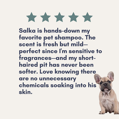 Five-star customer review of SalkaPet moisturizing dog conditioner with a happy golden retriever with a soft, great-smelling coat