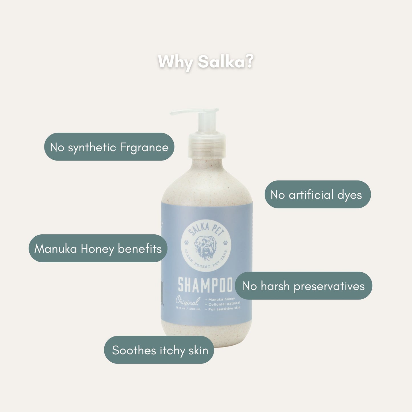 Why SalkaPet moisturizing dog conditioner and detangler: no synthetic fragrance, no artificial dyes, no harsh preservatives, manuka honey, soothes itchy skin