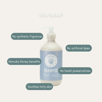 Why SalkaPet moisturizing dog conditioner and detangler: no synthetic fragrance, no artificial dyes, no harsh preservatives, manuka honey, soothes itchy skin