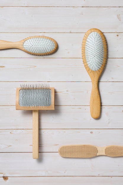 SalkaPet dog brush lineup — Tangle Tamer, slicker brush, Tiny Tamer, and detangling comb compared