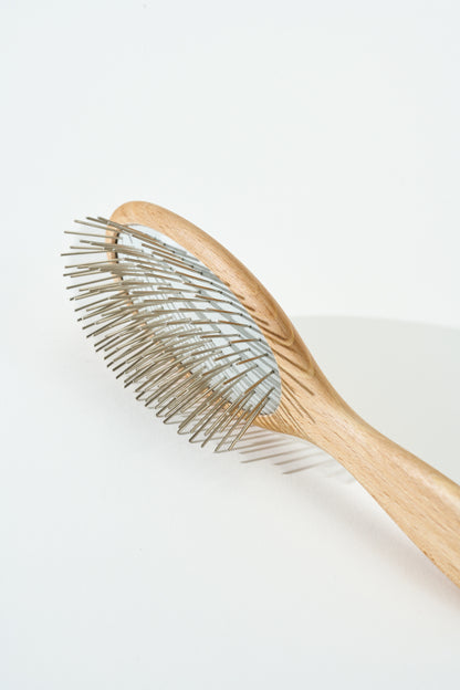 SalkaPet natural wood paddle dog brush — fine metal pins for daily detangling