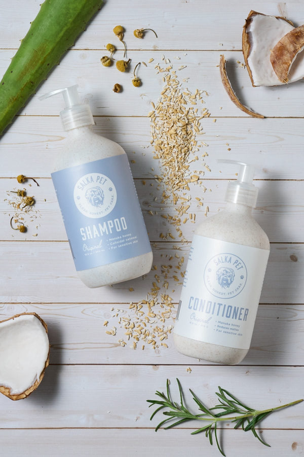 SalkaPet shampoo and conditioner bath duo flat lay